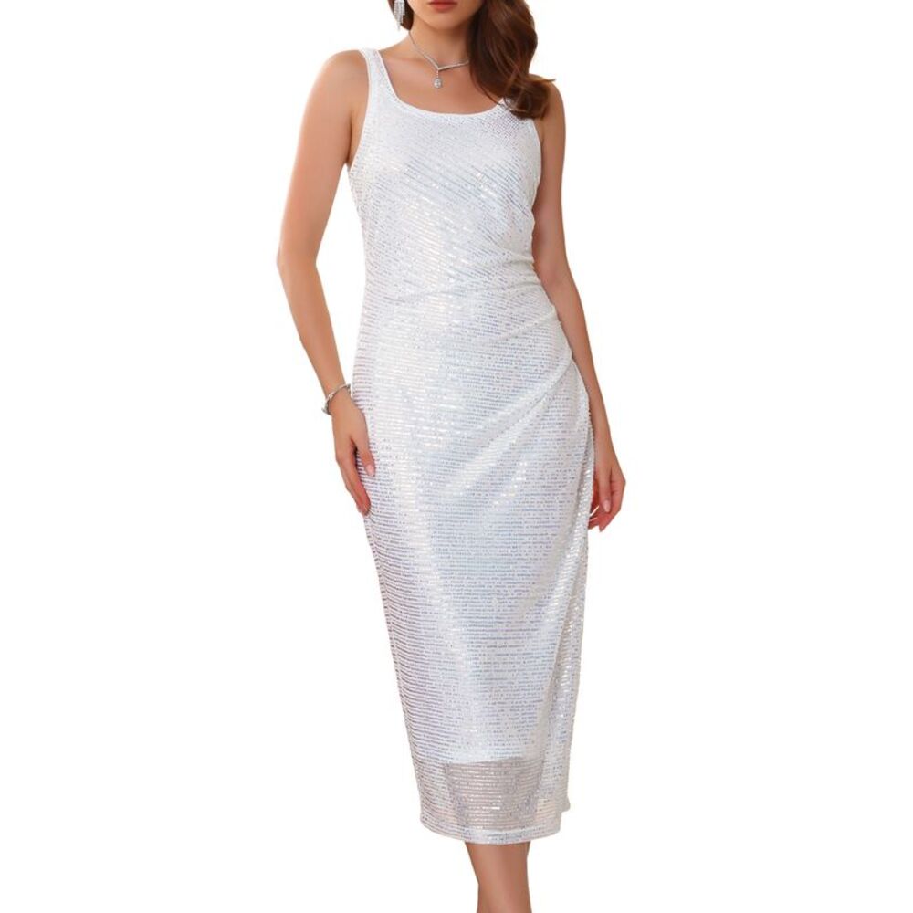 Sequin Formal Sleeveless Backless Midi Bodycon Sparkly Dress White